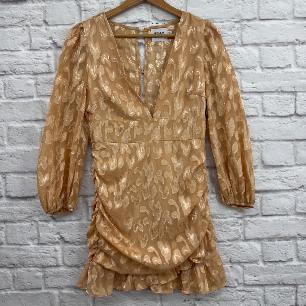 Hello Molly Gold Metallic Ruched V-Neck Floral Mini Dress Elegant Night Out US 6
